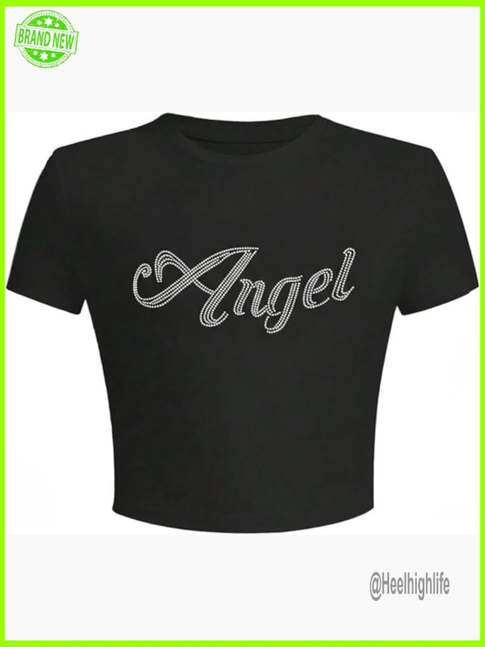 Sparkly Rhinestone Letter Graphic Tee Crop Top Crew Neck Short Sleeve